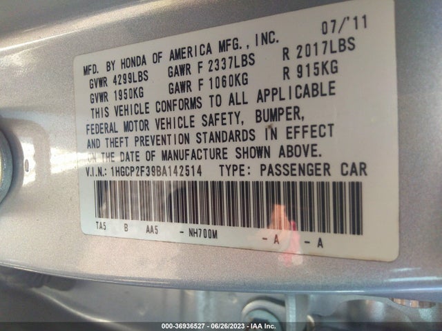 2011 HONDA ACCORD SDN LX VIN: 1HGCP2F39BA142514