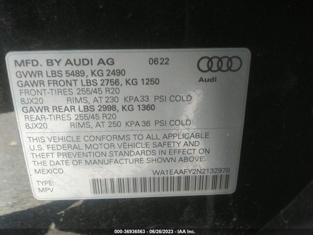 WA1EAAFY2N2132978 Audi Q5 S Line Premium Plus