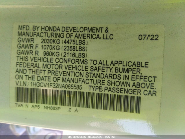 2022 HONDA ACCORD SEDAN SPORT VIN: 1HGCV1F32NA065585