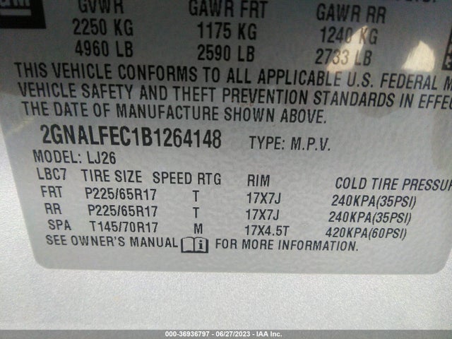 2011 CHEVROLET EQUINOX LTZ VIN: 2GNALFEC1B1264148
