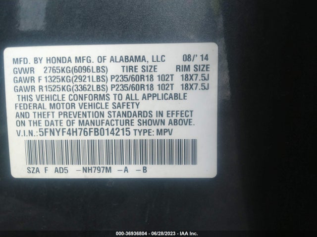 Honda Pilot Ex-l 2015 5FNYF4H76FB014215 Image 9