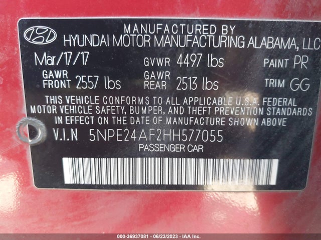 2017 HYUNDAI SONATA 2.4L VIN: 5NPE24AF2HH577055