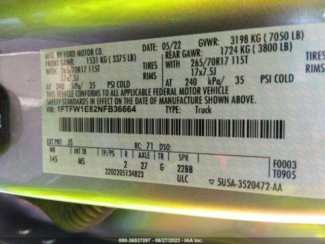 1FTFW1E82NFB36664 Ford F-150 Xl/xlt/lariat