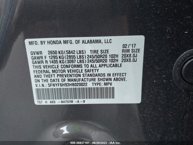 Honda Pilot Touring 2017 5FNYF6H93HB020022 Image 16