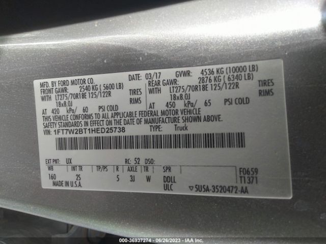 1FT7W2BT1HED25738 Ford Super Duty F-250 Srw Lariat/platinum