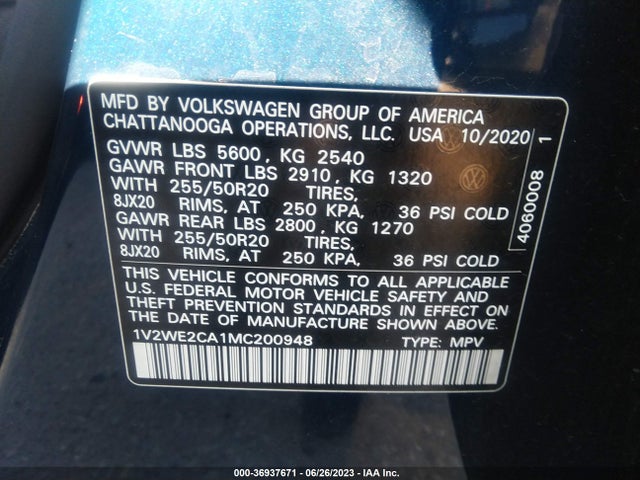1V2WE2CA1MC200948 Volkswagen Atlas Cross Sport 3.6l V6 Se W/technology