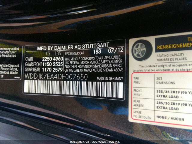 2013 MERCEDES-BENZ SL-CLASS SL 63 AMG VIN: WDDJK7EA4DF007650