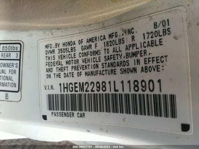 2001 HONDA CIVIC EX VIN: 1HGEM22981L118901