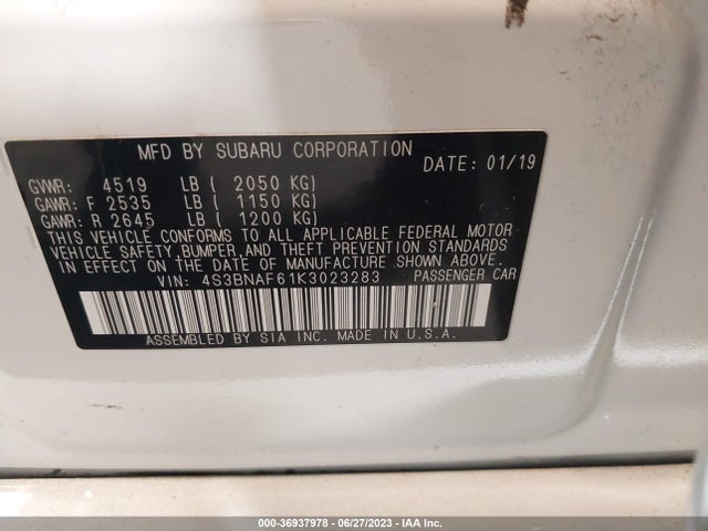 2019 SUBARU LEGACY PREMIUM VIN: 4S3BNAF61K3023283