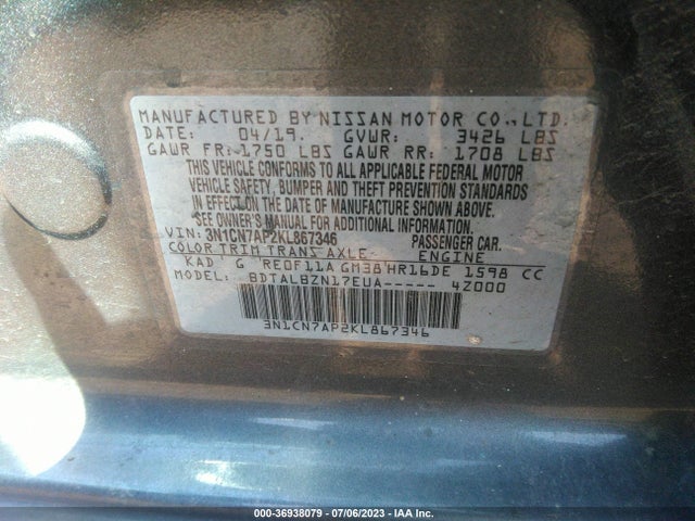 Nissan Versa Sedan Sv 2019 3N1CN7AP2KL867346 Image 16