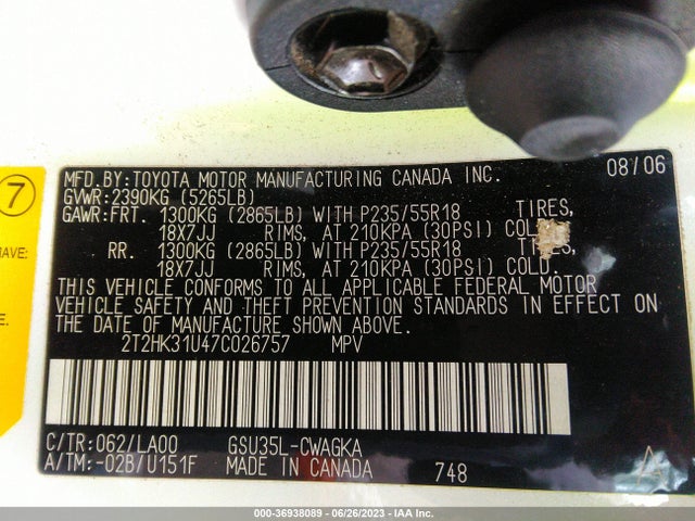 2007 LEXUS RX 350 VIN: 2T2HK31U47C026757