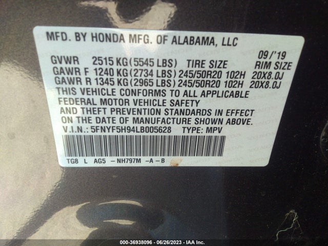 Honda Pilot Touring 8-passenger 2020 5FNYF5H94LB005628 Image 9