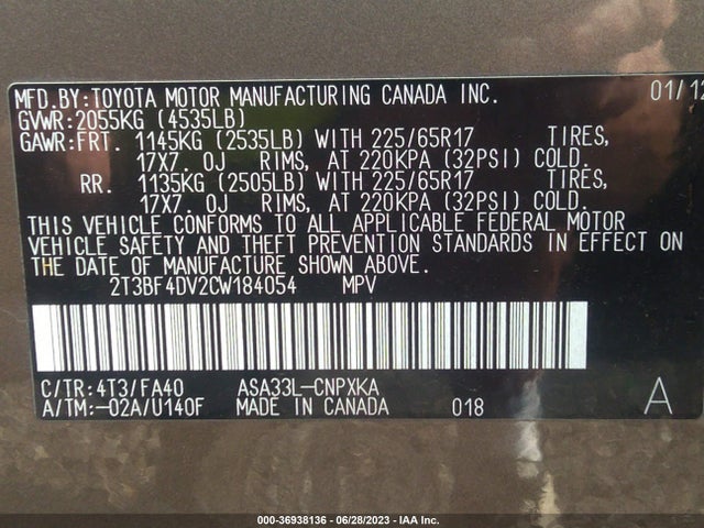 2012 TOYOTA RAV4 VIN: 2T3BF4DV2CW184054