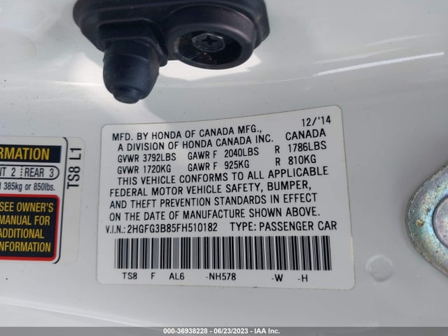 Honda Civic Coupe Ex 2015 2HGFG3B85FH510182 Image 9