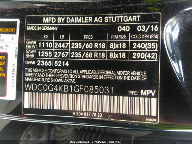 2016 MERCEDES-BENZ GLC GLC 300 VIN: WDC0G4KB1GF085031