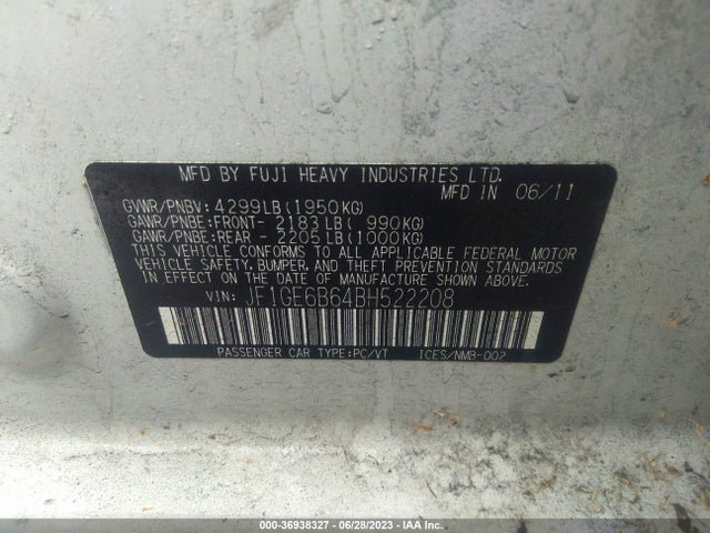 2011 SUBARU IMPREZA SEDAN 2.5I PREMIUM VIN: JF1GE6B64BH522208