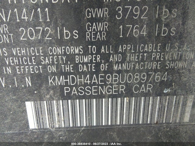 2011 HYUNDAI ELANTRA LTD VIN: KMHDH4AE9BU089764