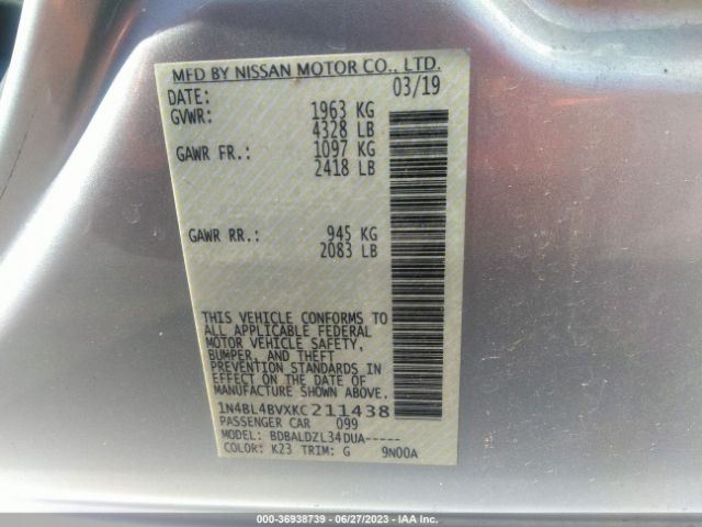 Nissan Altima 2.5 S 2019 1N4BL4BVXKC211438 Image 15