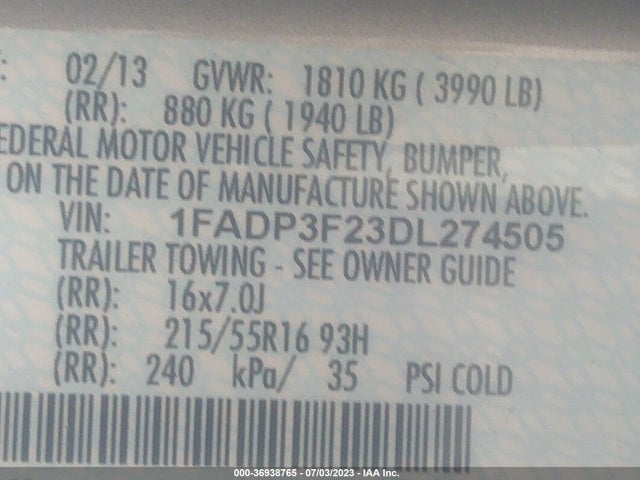 2013 FORD FOCUS SE VIN: 1FADP3F23DL274505