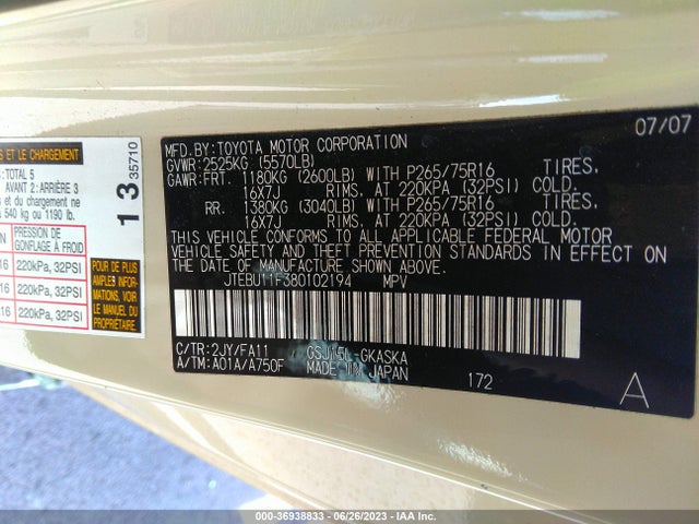2008 TOYOTA FJ CRUISER VIN: JTEBU11F380102194
