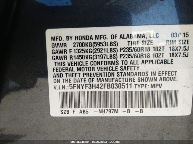 Honda Pilot Ex 2015 5FNYF3H42FB030511 Image 9