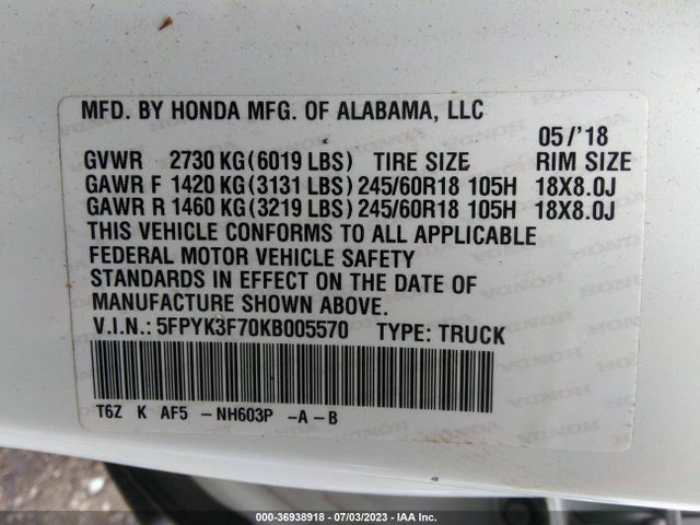Honda Ridgeline Rtl-e 2019 5FPYK3F70KB005570 Image 9