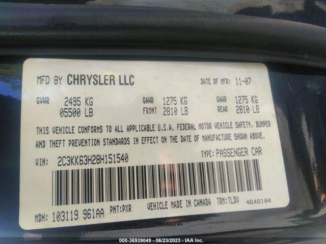 2008 CHRYSLER 300 C VIN: 2C3KK63H28H151540