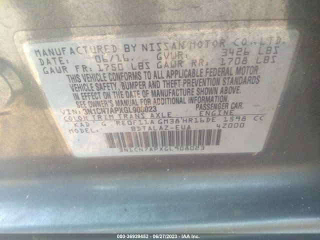 3N1CN7APXGL908023 Nissan Versa S Plus