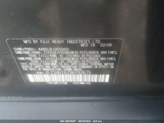 2009 SUBARU FORESTER X VIN: JF2SH61629H792675