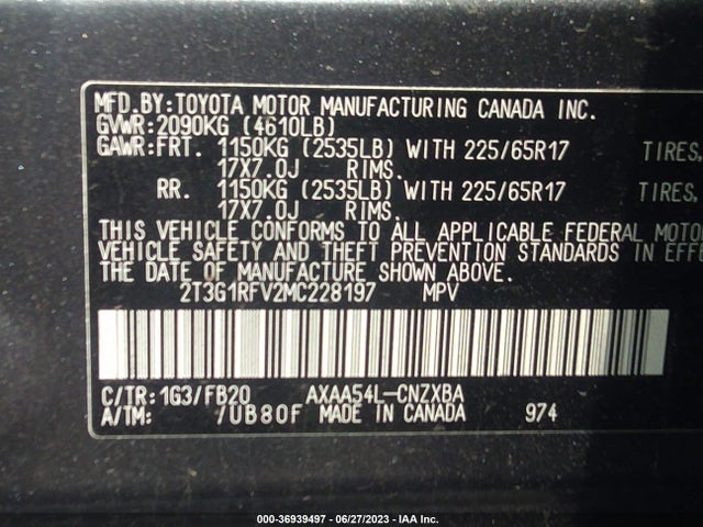 2021 TOYOTA RAV4 LE VIN: 2T3G1RFV2MC228197