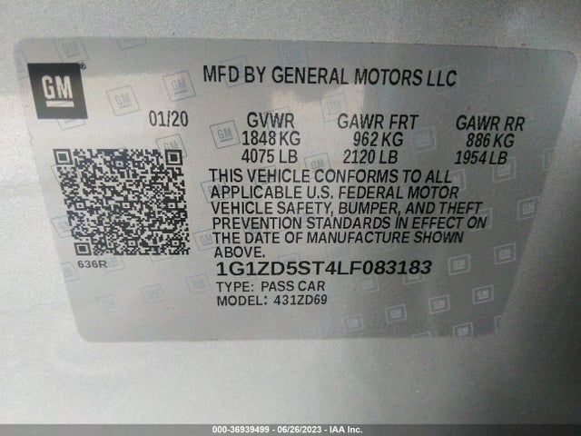 2020 CHEVROLET MALIBU LT VIN: 1G1ZD5ST4LF083183