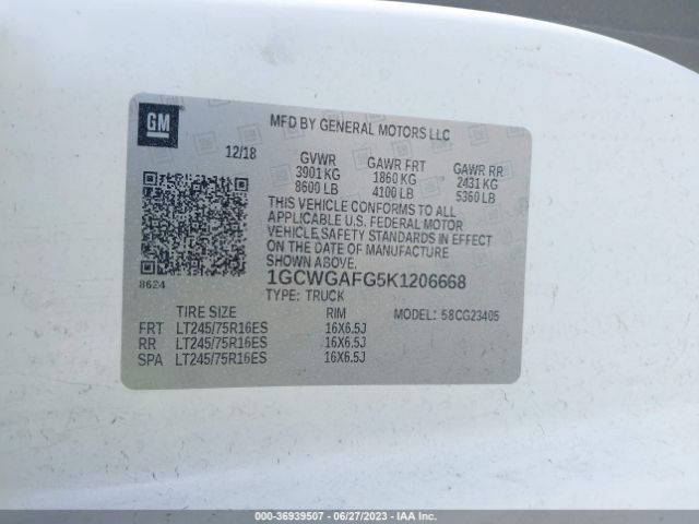 Chevrolet EXPRESS CARGO VAN 2019 1GCWGAFG5K1206668 Image 15