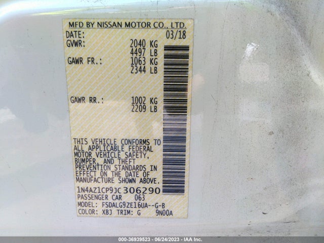 2018 NISSAN LEAF SL VIN: 1N4AZ1CP9JC306290