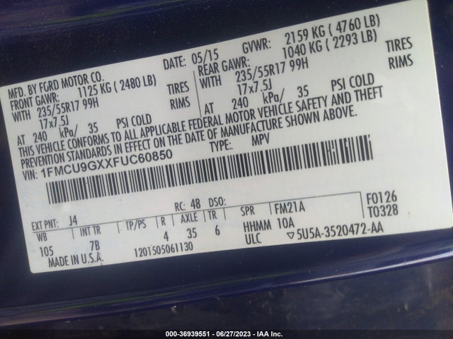 2015 Ford Escape Se მანქანა იყიდება აუქციონზე, vin: 1FMCU9GXXFUC60850, აუქციონის ნომერი: 36939551