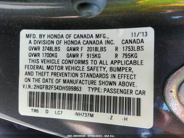2013 HONDA CIVIC SDN LX VIN: 2HGFB2F54DH599863
