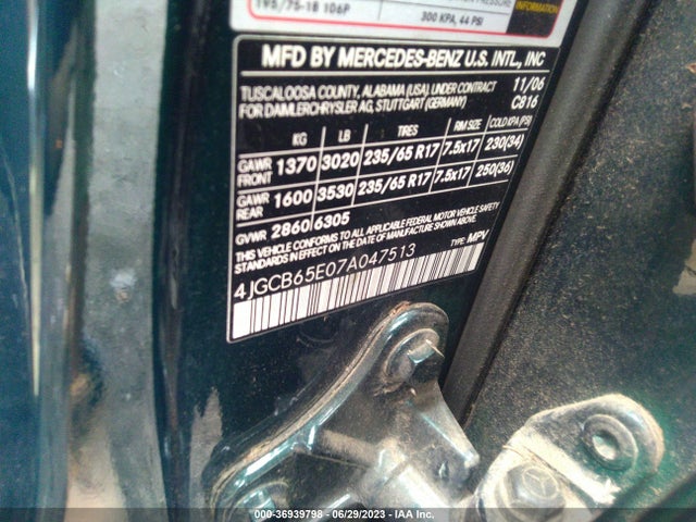 2007 MERCEDES-BENZ R-CLASS 3.5L VIN: 4JGCB65E07A047513