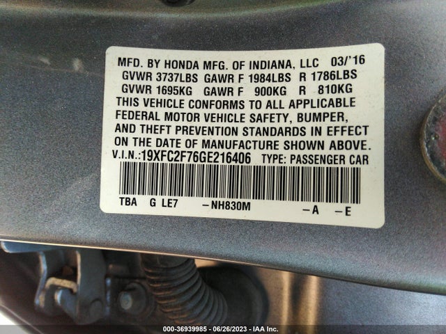 Honda Civic Sedan Ex 2016 19XFC2F76GE216406 Image 9