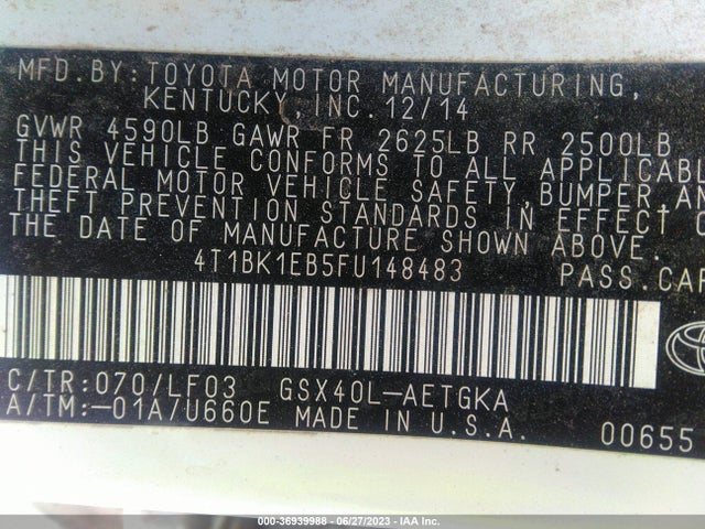 Toyota AVALON LIMITED 2015 4T1BK1EB5FU148483 Image 9