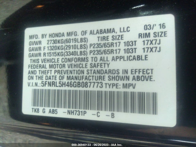 Honda ODYSSEY EX 2016 5FNRL5H46GB087773 Image 9