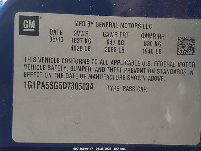 36940147 :رقم المزاد ، 1G1PA5SG5D7305034 vin ، 2013 Chevrolet Cruze Ls مزاد بيع