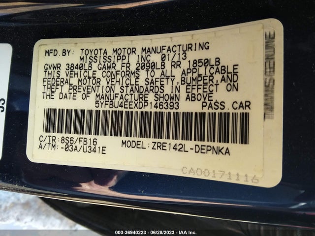 2013 TOYOTA COROLLA L/LE/S VIN: 5YFBU4EEXDP146393
