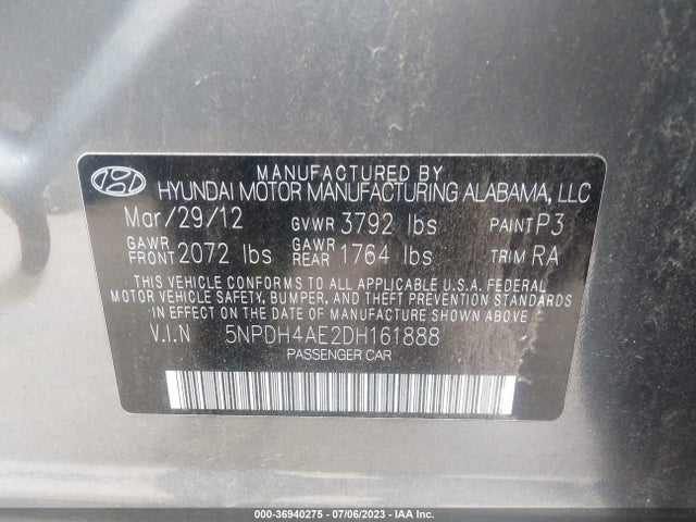 2013 HYUNDAI ELANTRA LIMITED VIN: 5NPDH4AE2DH161888