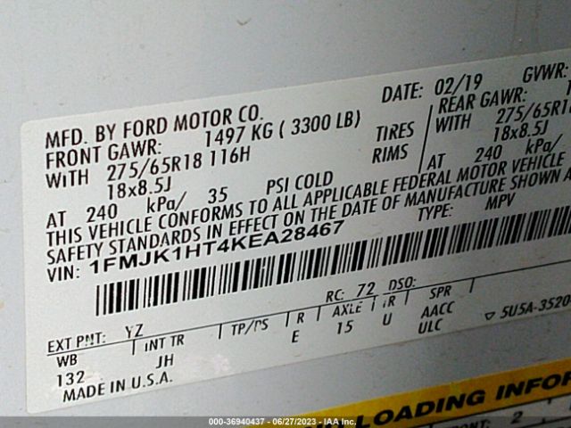1FMJK1HT4KEA28467 Ford Expedition Max Xlt