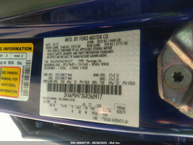 Ford FUSION SE 2016 3FA6P0H73GR260917 Image 15