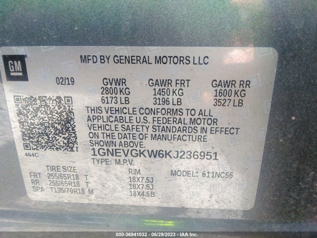 Chevrolet Traverse Lt Cloth 2019 1GNEVGKW6KJ236951 Image 9