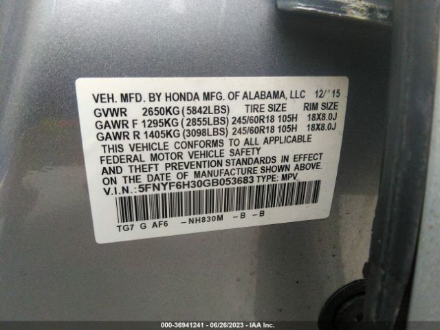 5FNYF6H30GB053683 Honda Pilot Ex