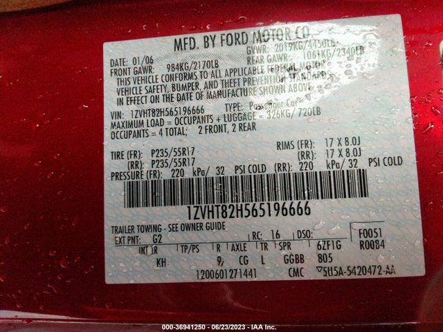 2006 FORD MUSTANG GT VIN: 1ZVHT82H565196666