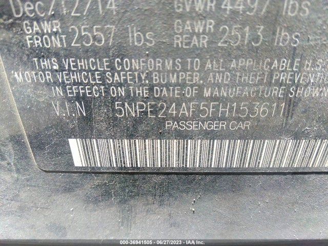 2015 HYUNDAI SONATA 2.4L SE VIN: 5NPE24AF5FH153611