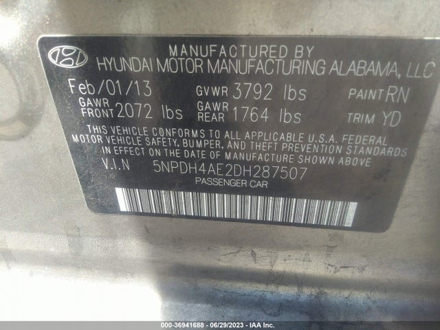 2013 HYUNDAI ELANTRA GLS VIN: 5NPDH4AE2DH287507