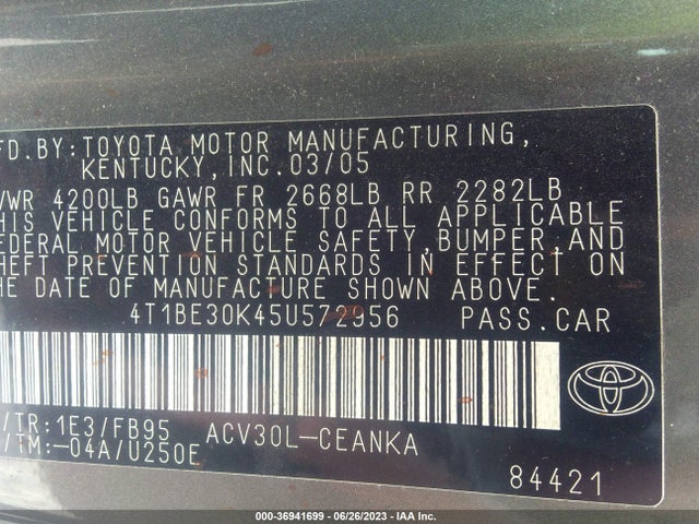 2005 TOYOTA CAMRY LE/SE/XLE VIN: 4T1BE30K45U572956